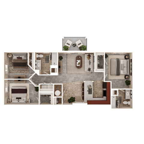 Floor plan for 3 beds, 2 baths, 1041 sqft